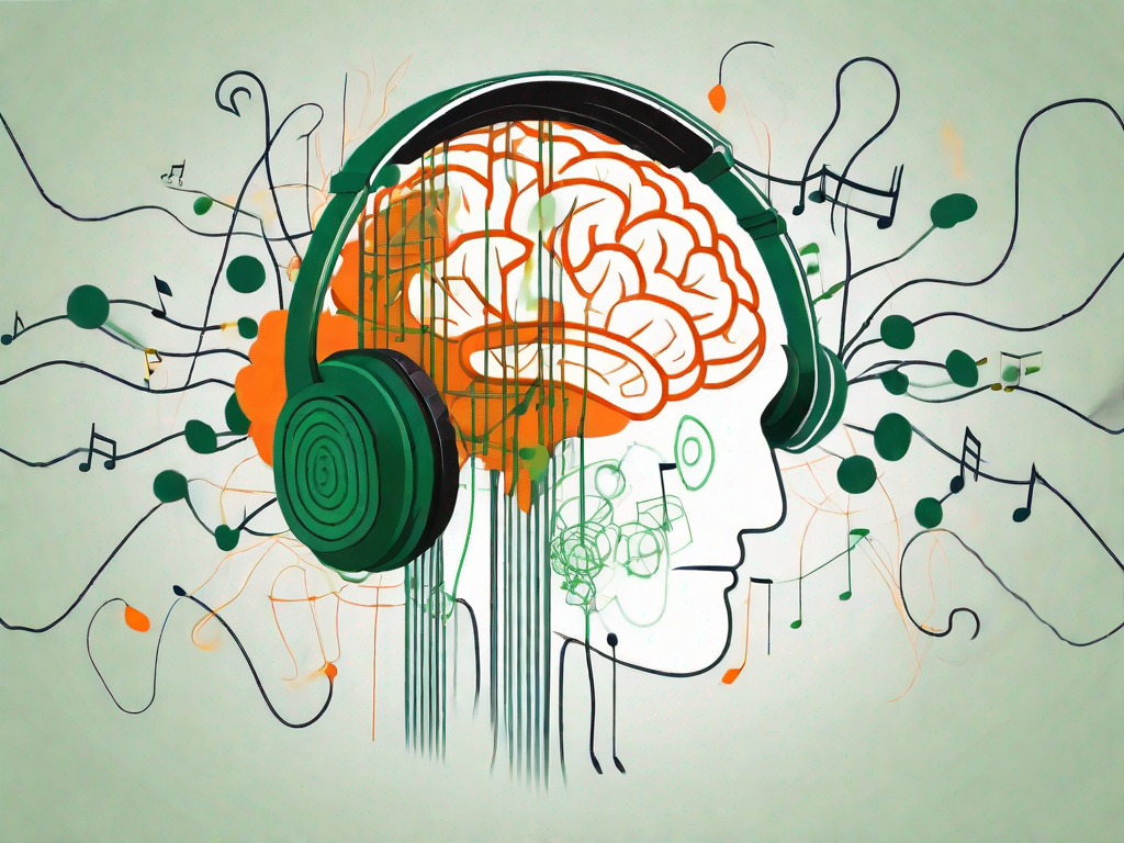 A pair of headphones connected to a brain