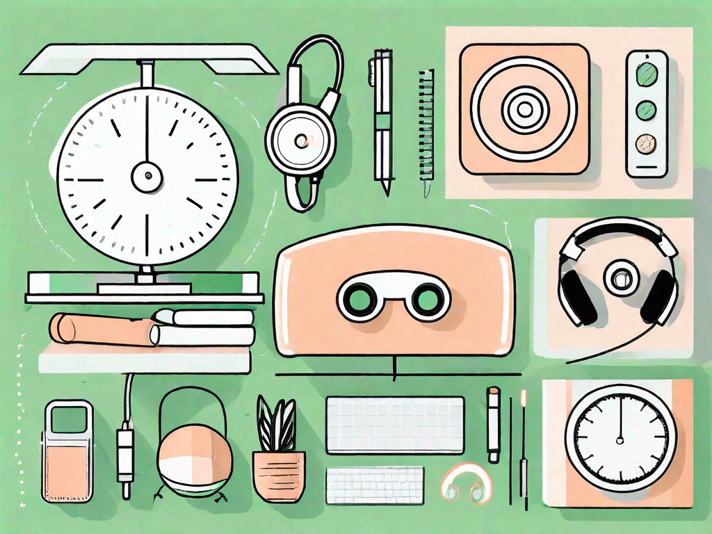 A classroom setting with close-ups of various focus-enhancing tools such as a fidget spinner