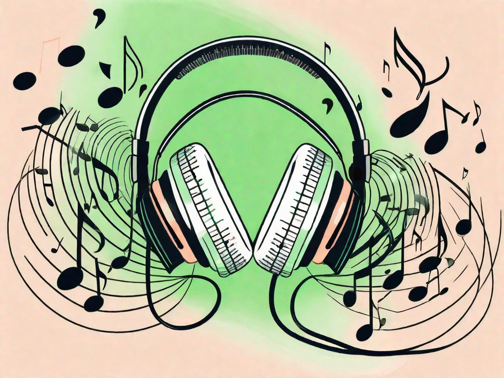 A pair of headphones surrounded by various musical notes
