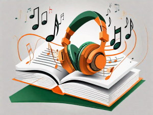 A pair of headphones floating above an open book with musical notes drifting from the headphones towards the book