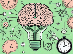 A brain with various symbols around it such as a light bulb