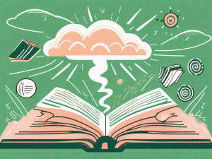 A tranquil scene featuring an open book with light illuminating from its pages