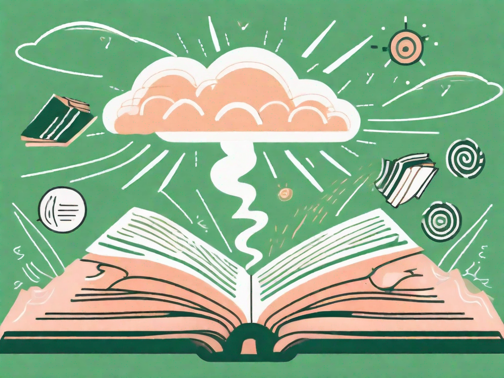 A tranquil scene featuring an open book with light illuminating from its pages