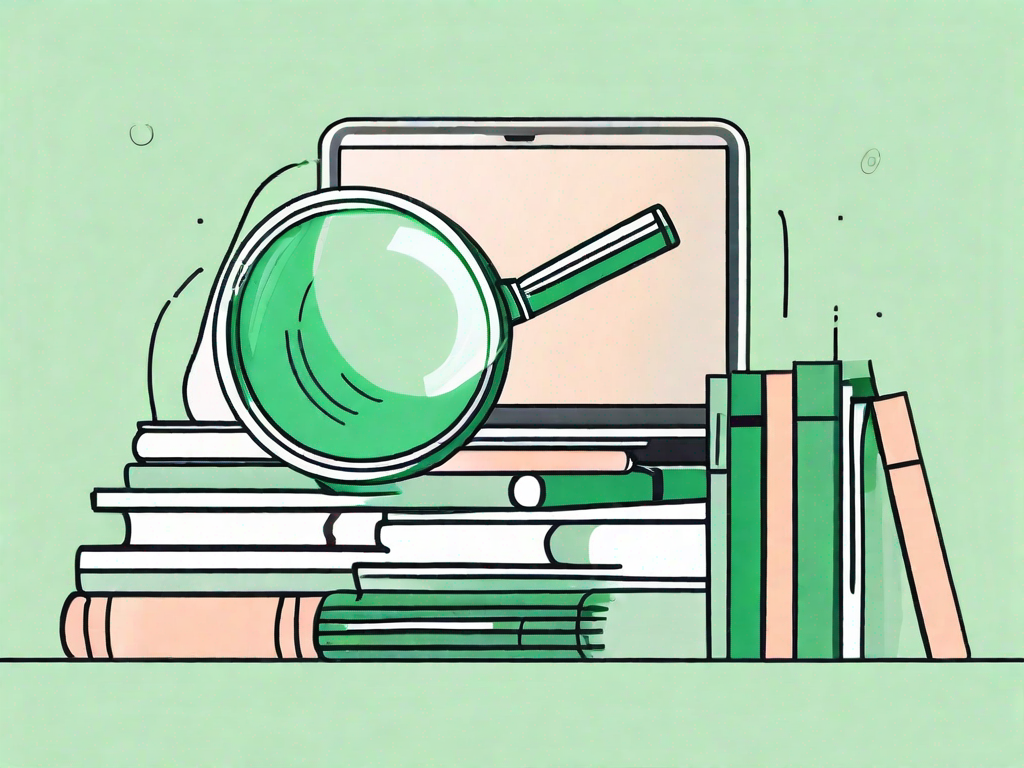 A magnifying glass focusing on a stack of books and a laptop