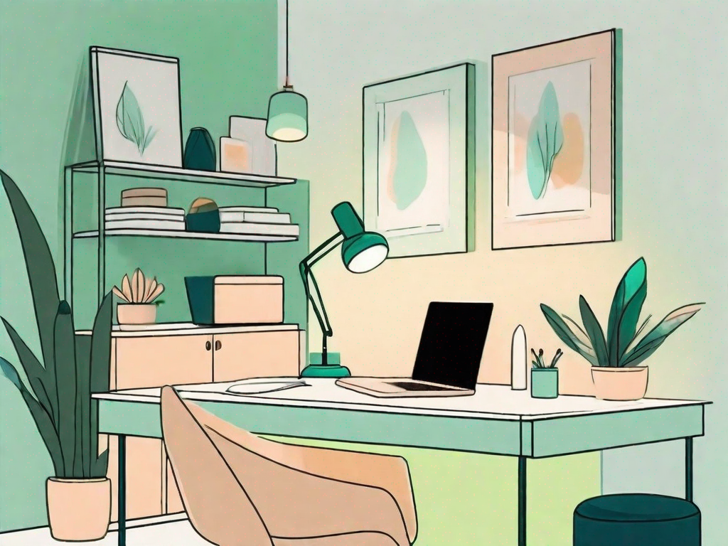 A serene workspace with walls painted in calming blue and green hues