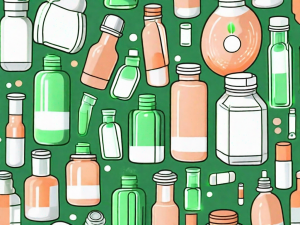 Various types of medication bottles with a focused beam of light shining on them from above