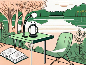A school desk with a lamp shining light on a book