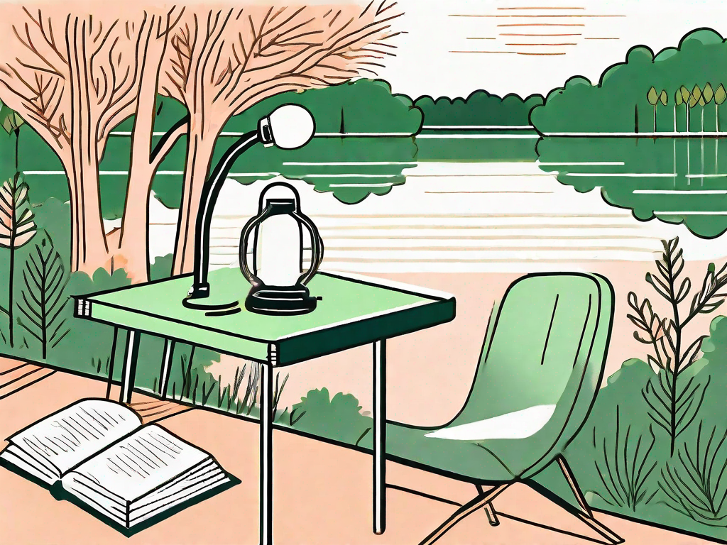 A school desk with a lamp shining light on a book