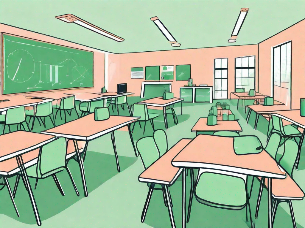 A classroom setting with individual desks spaced apart