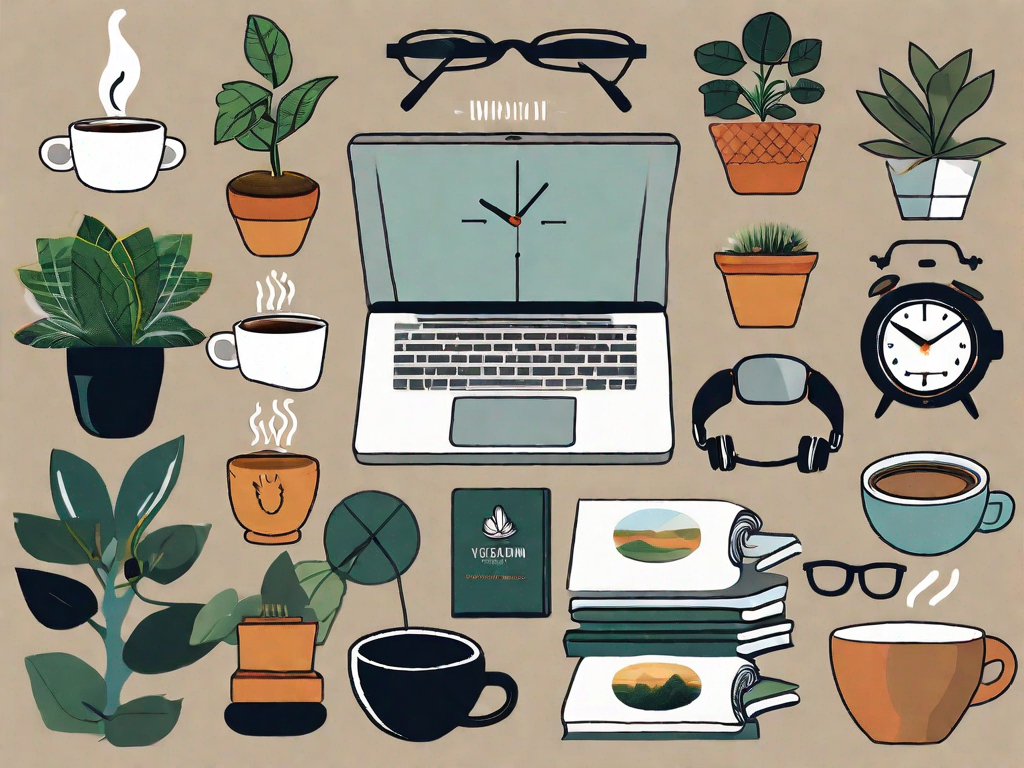 Various objects symbolizing the ten techniques such as a cup of coffee (caffeine)