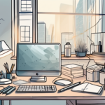 A cluttered desk with a scattered array of office supplies