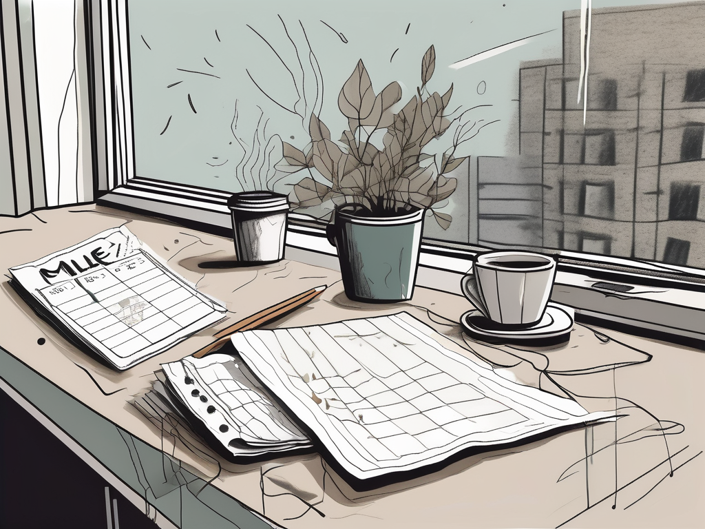 A cluttered desk with scattered papers