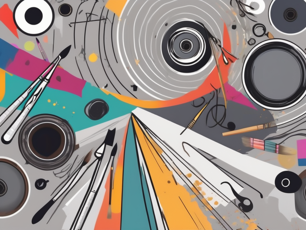 A chaotic and colorful abstract swirl of various artistic tools like paintbrushes