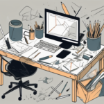 A cluttered desk with various items scattered around