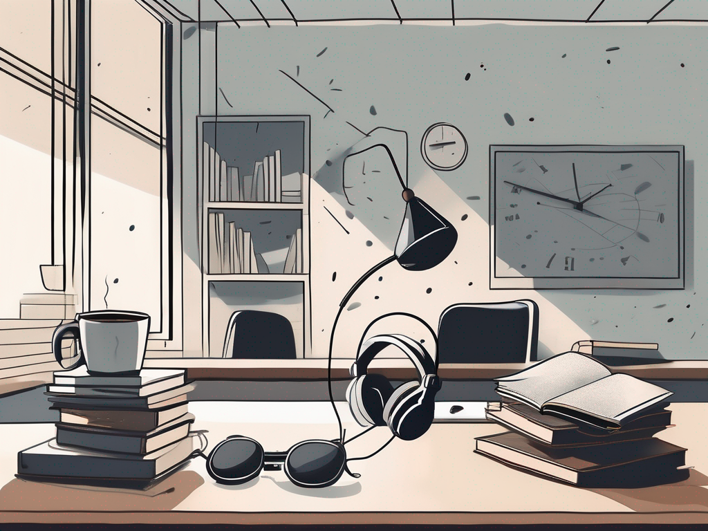 A classroom interior with scattered books