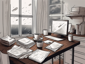 A dimly lit room with a cluttered desk