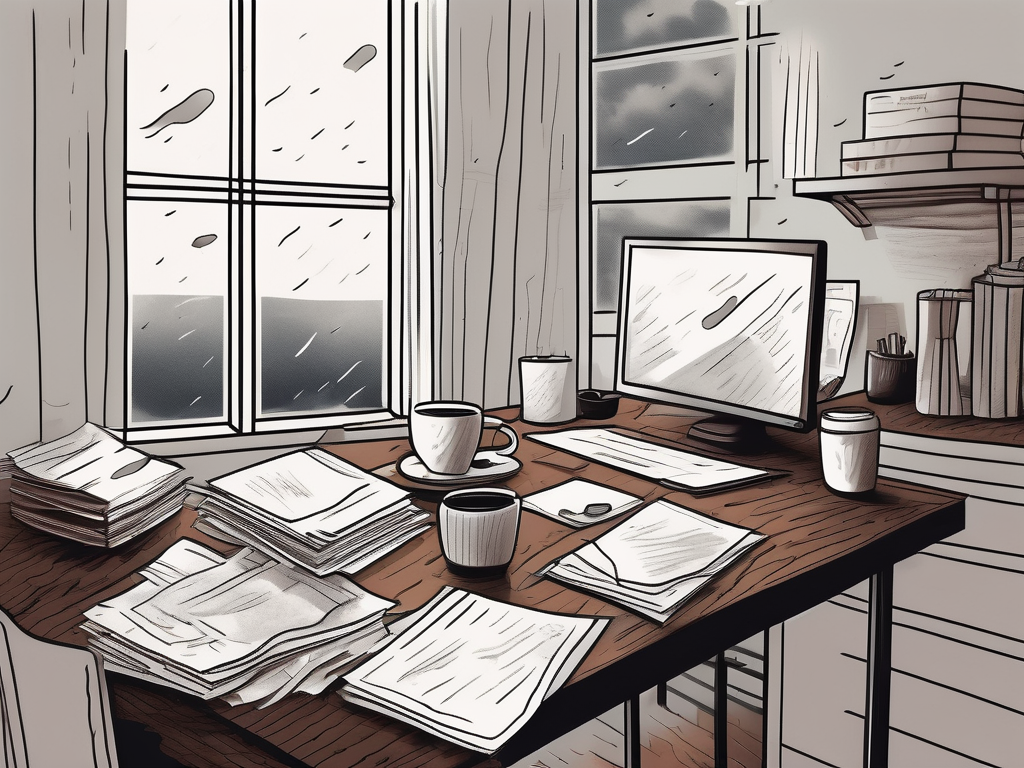 A dimly lit room with a cluttered desk