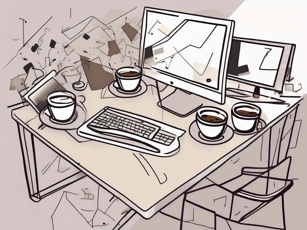 A chaotic desk scattered with coffee cups and a jittery mouse cursor on a computer screen