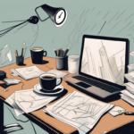 A cluttered desk with scattered papers