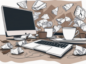 A cluttered desk with an open laptop displaying a blank screen