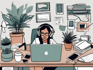 A cluttered desk with various distractions like a buzzing phone