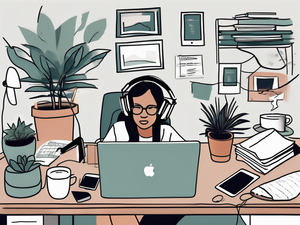 A cluttered desk with various distractions like a buzzing phone