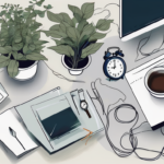 An empty plate next to a computer on a cluttered desk
