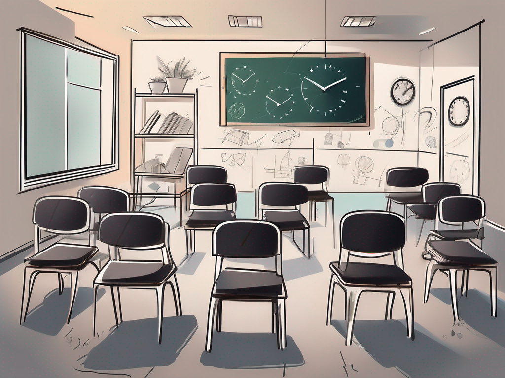 A classroom setting with scattered chairs