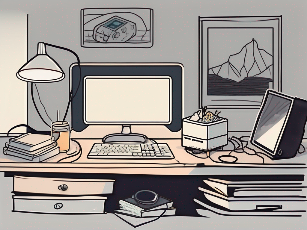 A cluttered study desk filled with distractions like a video game controller