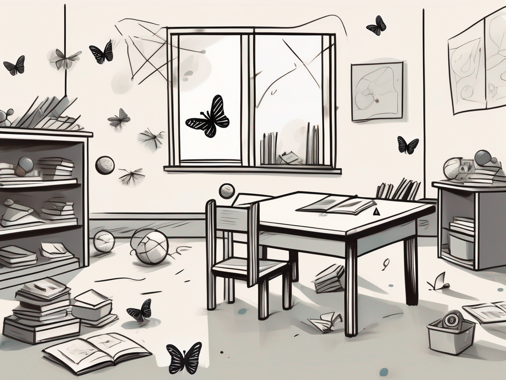 A chaotic preschool classroom with scattered toys and books
