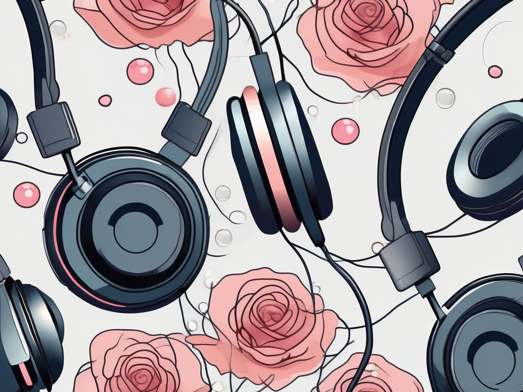A pair of headphones tangled with a rose
