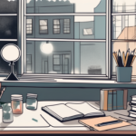 A cluttered desk with scattered school supplies