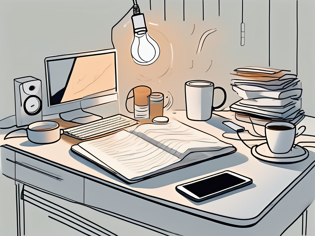A cluttered desk with multiple distractions such as a coffee cup