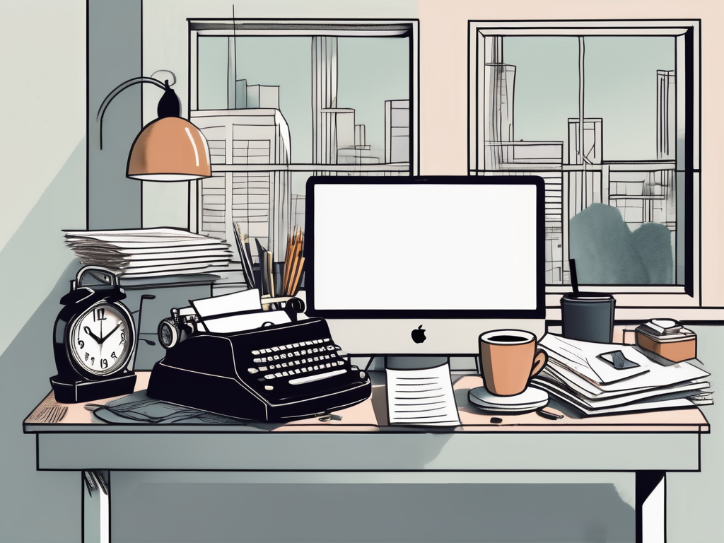 A cluttered desk with a typewriter