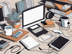 A cluttered desk with scattered objects like a coffee cup